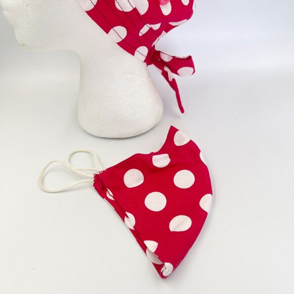 Unisex Surgical Scrub Hat With Matching Mask Red Polka Dots - Picture 9 of 12